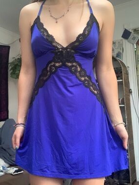 La SENZA Royal Blue Chemise with Black Lace Trim